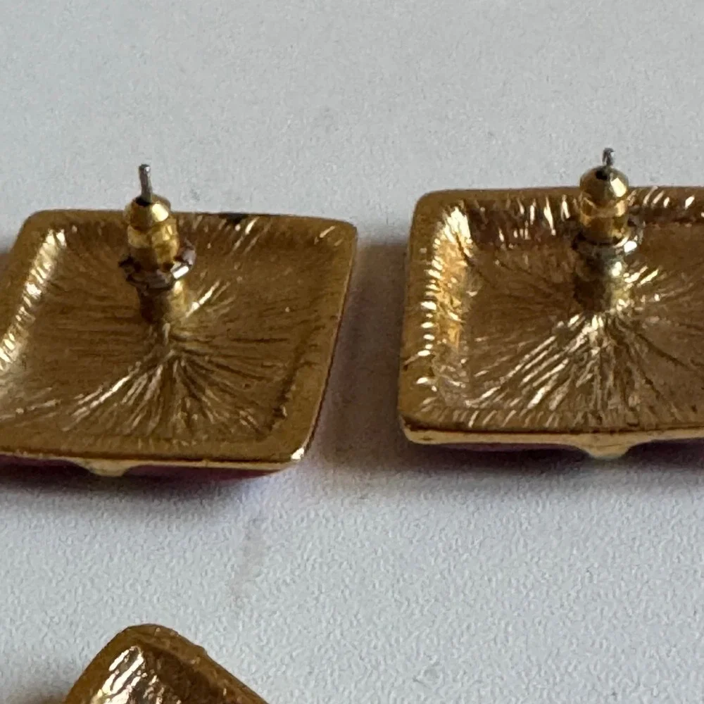 Vintage Enamel Stud Earring Set 3 Pairs Heart Square Diamond Gold Tone Multi